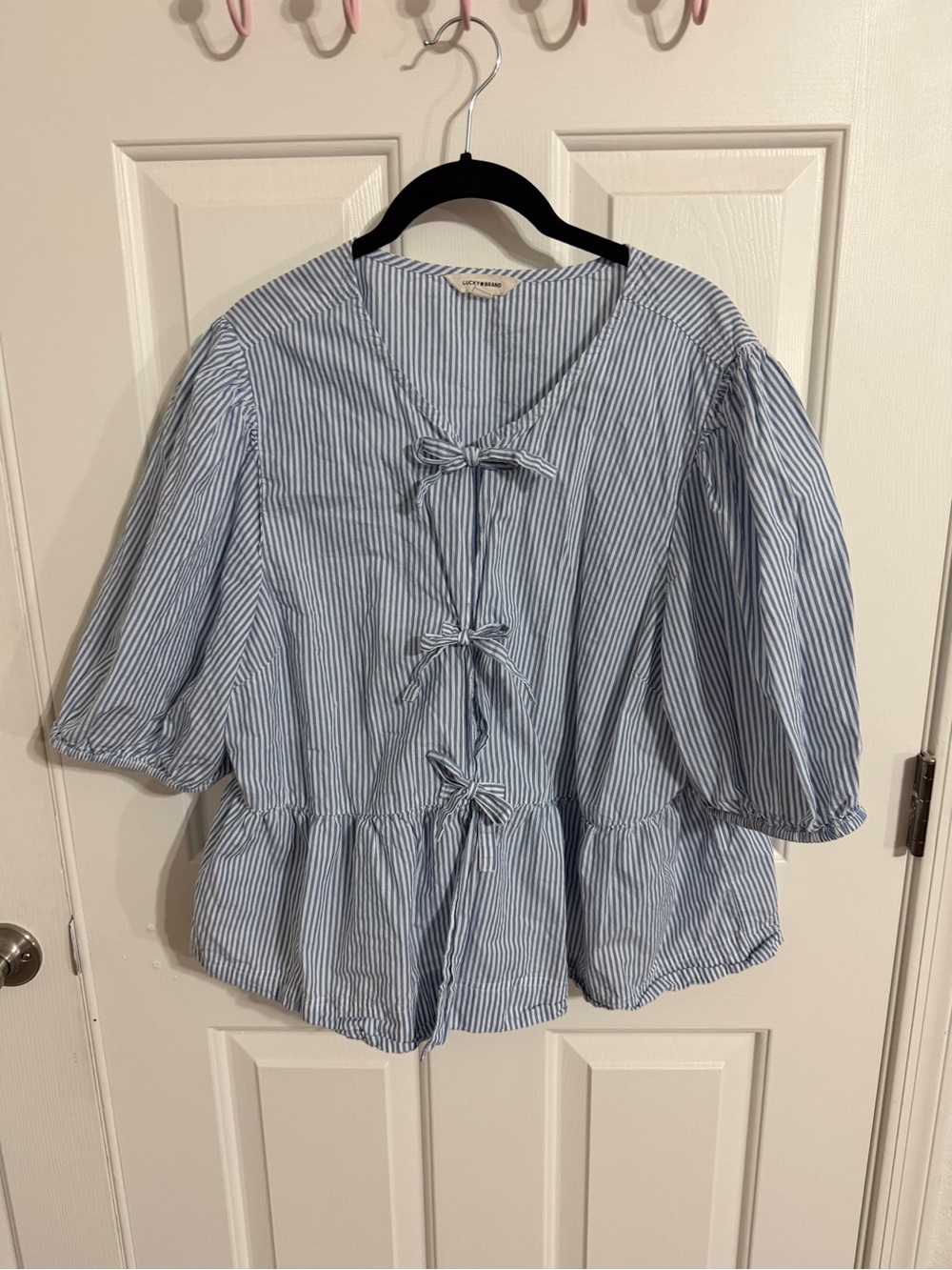 Lucky Brand Blue and White Striped Tie-Front Peplum Top
